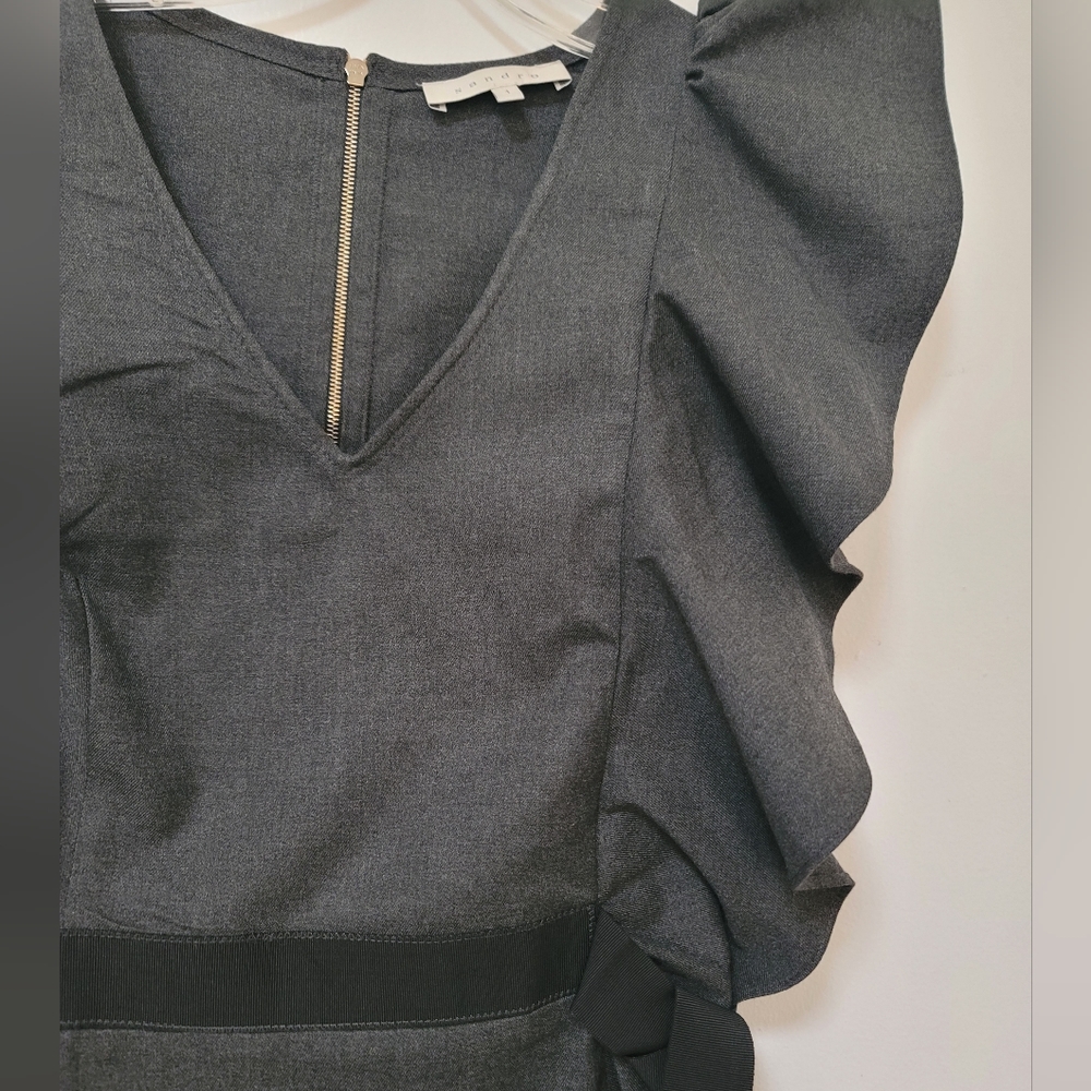 Sandro Paris Dress Gray Ruffle Trim Ribbon Belted Sheath Stretch Size Small New - Picture 7 of 16